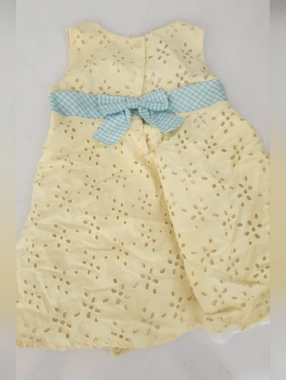 Blueberi Boulevard Pale Yellow Eyelet Dress with Aqua Gingham Sash Baby Girl 18M - Picture 4 of 5